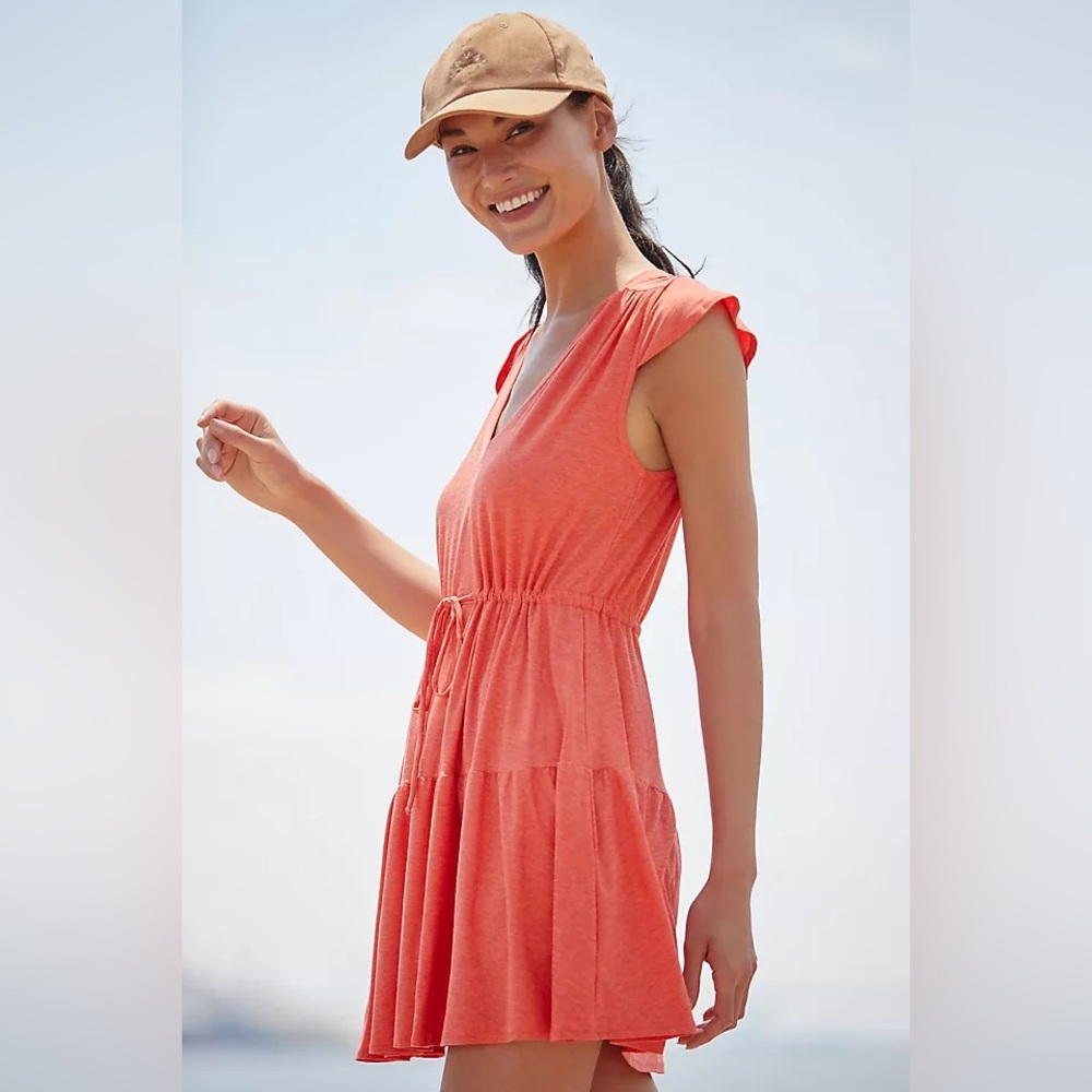 Anthropologie Beyond Yoga Coral Pink Tiered Cap Sleeve Mini Dress Drawstring